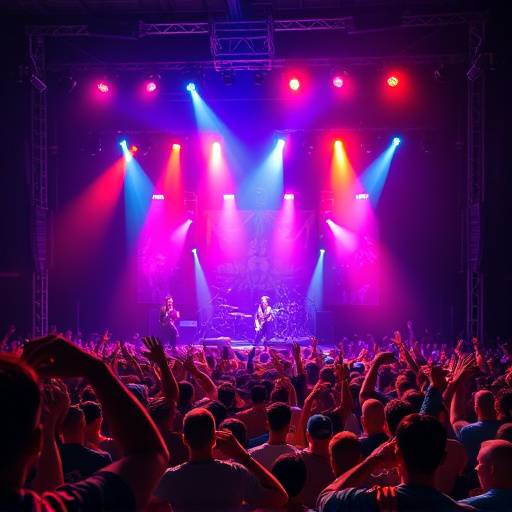 Photo d'un concert de rock captivante avec une foule en délire et un éclairage de scène intense et coloré. L'image traduit l'excitation et l'énergie du public et des artistes.