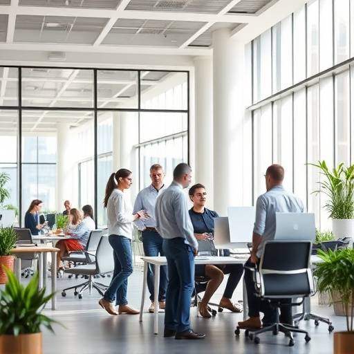 Photo d'un événement d'entreprise montrant des employés en train de travailler ensemble dans un bureau moderne.