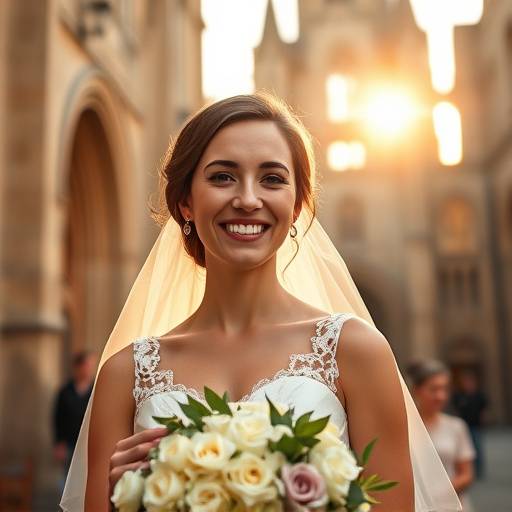 Photo de la mariée rayonnante souriant tendrement tout en tenant un bouquet de fleurs magnifiques lors de son mariage célébré dans une église historique lyonnaise. Son bonheur est palpable.