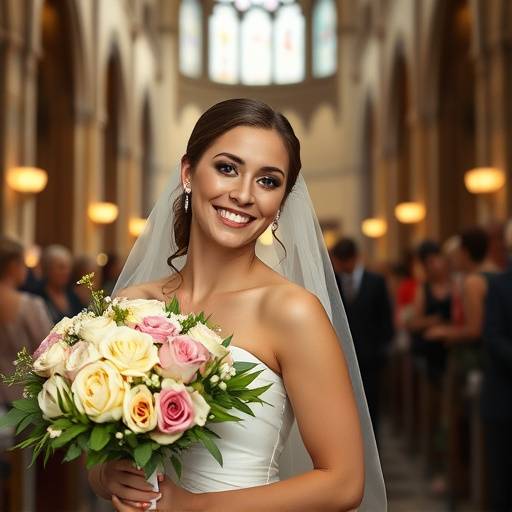Photo de la mariée souriant tenant un bouquet de fleurs lors de son mariage dans une église lyonnaise.