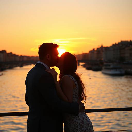 Photo de mariage en extérieur d'un couple s'embrassant tendrement devant un coucher de soleil romantique sur les quais de Saône à Lyon. Le ciel flamboyant crée une ambiance magique.