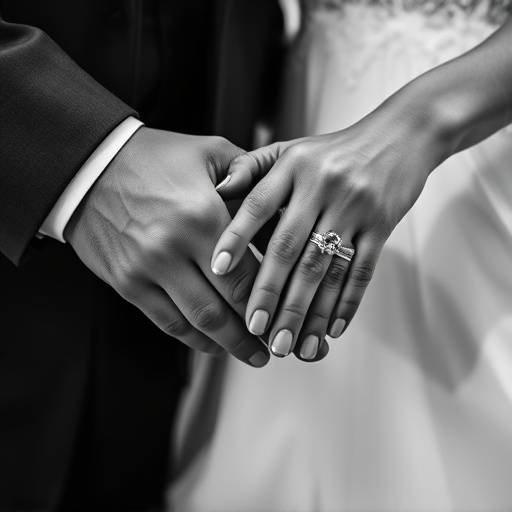 Photo de mariage en noir et blanc montrant les mains des mariés se tenant fermement, avec les alliances brillantes mises en évidence.