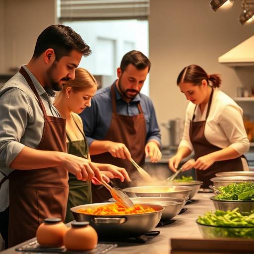 Photographie d'un atelier de cuisine d'entreprise, montrant une équipe travaillant ensemble pour préparer un repas, favorisant la collaboration et l'esprit d'équipe.