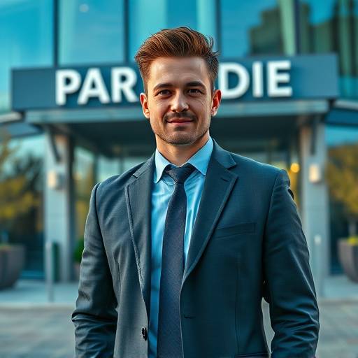 Portrait en couleur d'un homme d'affaires posant devant un immeuble de bureaux à la Part-Dieu.