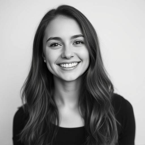 Portrait en noir et blanc d'une jeune femme souriante, réalisée en studio avec un éclairage doux.