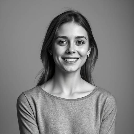 Portrait en noir et blanc d'une jeune femme souriante, réalisée en studio avec un éclairage doux et professionnel. Les nuances de gris mettent en valeur ses traits et son expression.